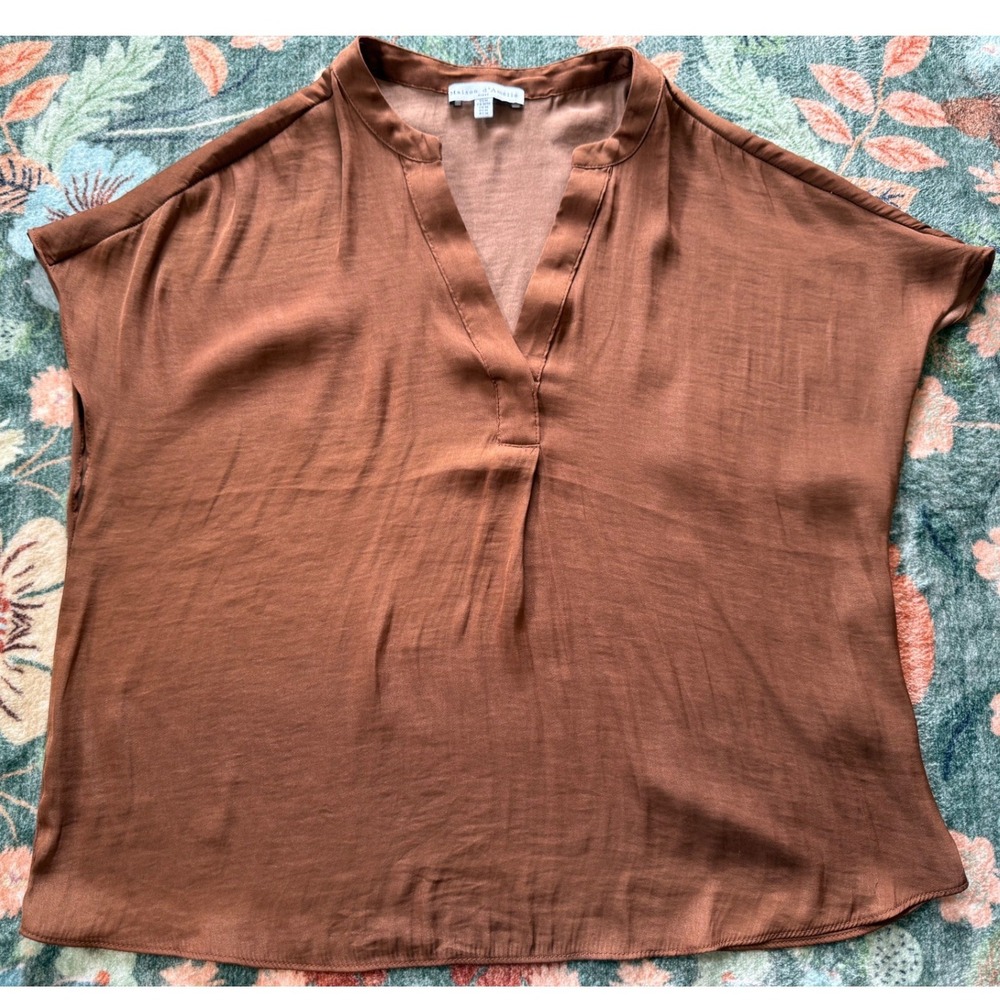 Maison d'Amélie Paris Rust Brown Satin V-Neck Cap Sleeve Blouse Top Medium
